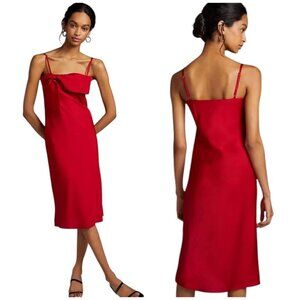Hutch Anthropologie Dress Women XS‎ Red Satin Bow Front Slip Midi NWT Party